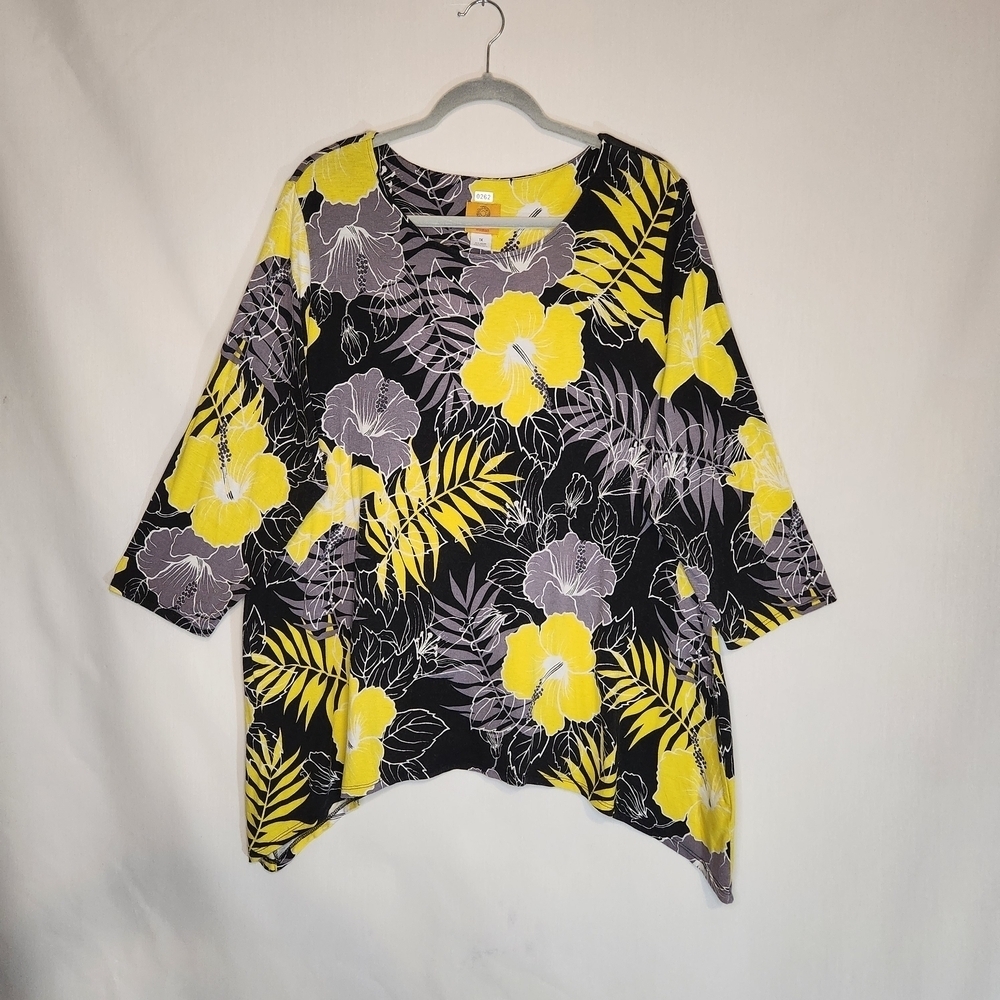 Ruby Rd Floral Print Women's Top 1X - Black and Yellow High Low Hem. 3/4 Sleeve.